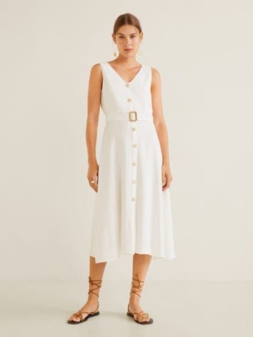 Mango White Button-Front V-Neck Midi Dress with Waist Tie Belt